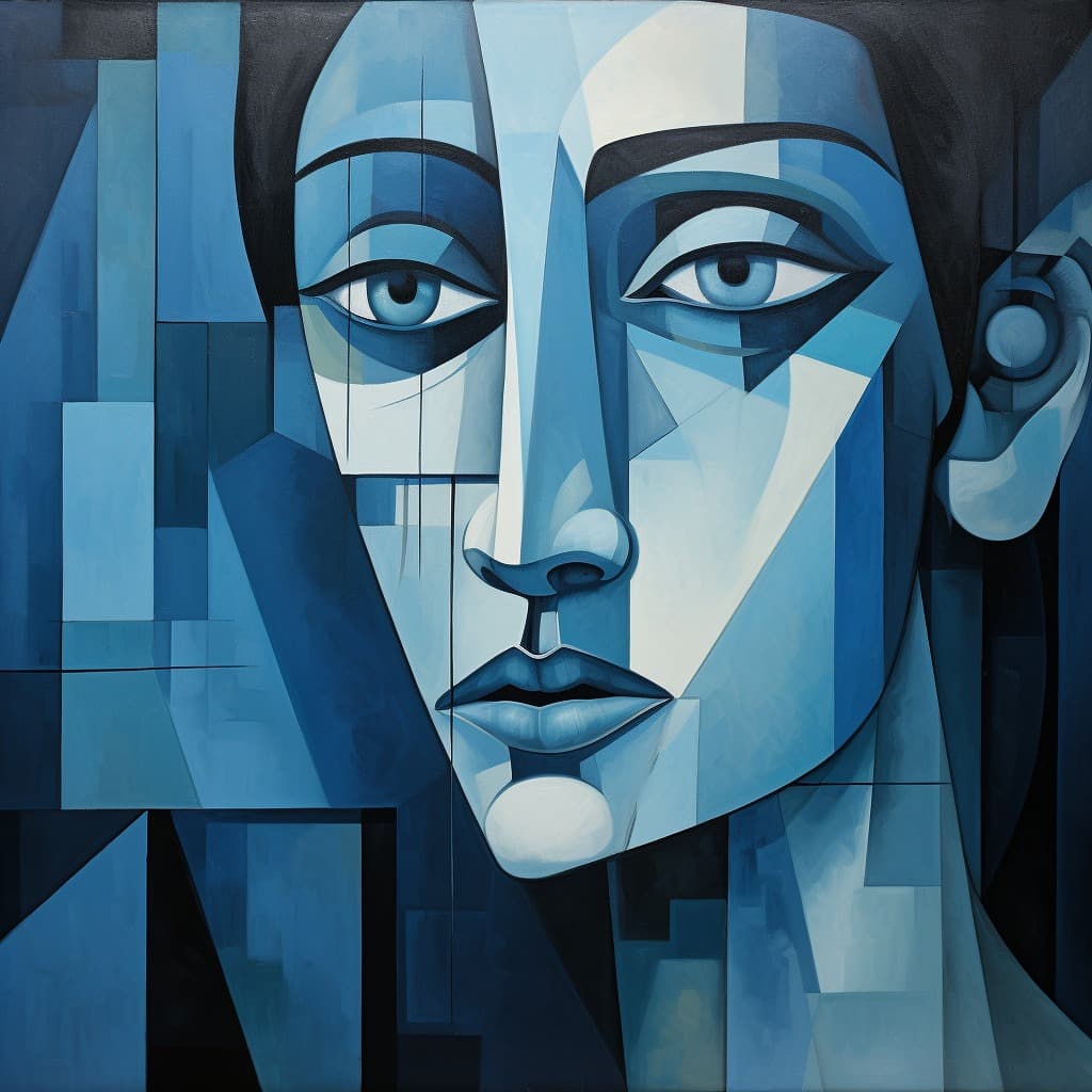 Picasso Midjourney Image- "A cubist portrait of a woman with angular geometrical facial features reminiscent of Picasso's portraits from his blue period, done in shades of blue and gray."