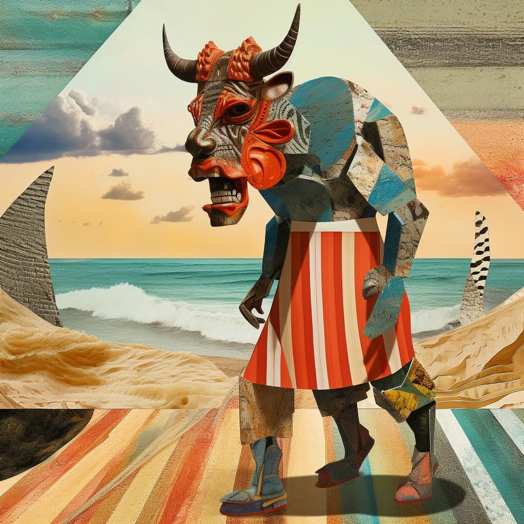 Picasso Midjounrey - "A surrealist minotaur on a beach, inspired by Picasso's minotaur artworks, with a collage-like canvas of overlapping shapes and textures."