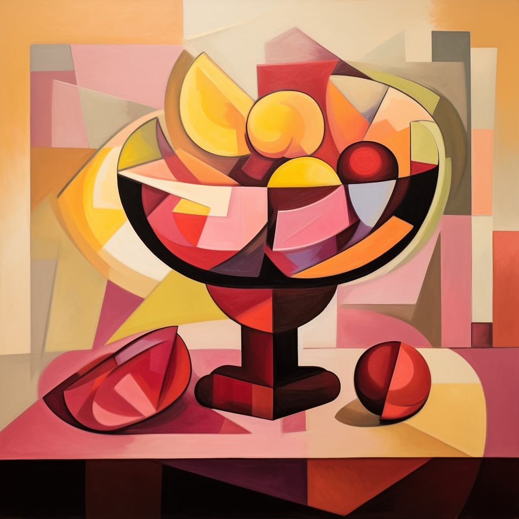 Picasso Midjoureny - "A still life painting of a bowl of fruit in Picasso's analytic cubism style, with overlapping geometric planes rendered in muted pinks and browns." 