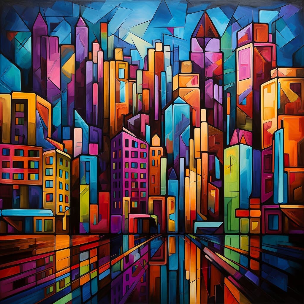 Picasso Midjourney -"A Cubist cityscape in vivid neon colors reminiscent of Picasso's cubism style."