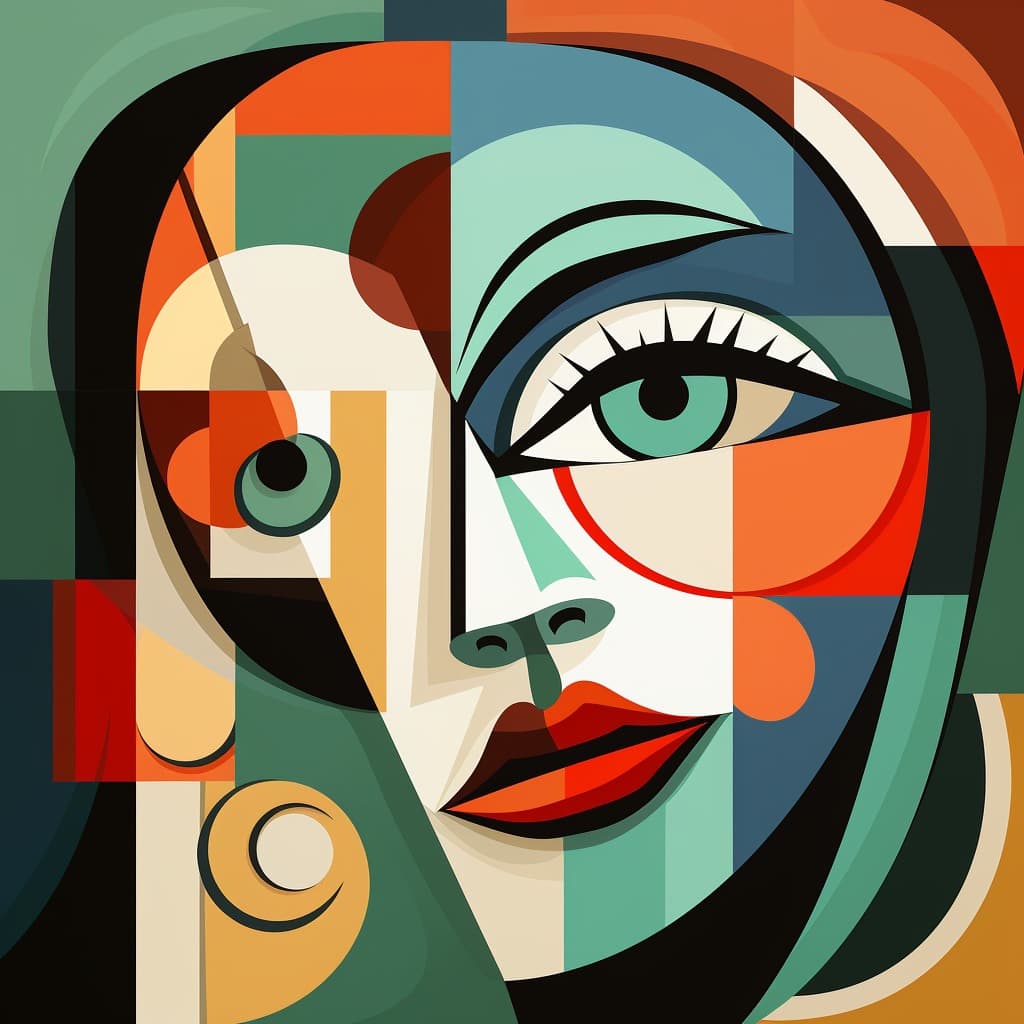 Picasso Midjourney - "A woman's face with eyes, nose and mouth split into segmented geometric planes imitating Picasso's cubism, rendered as vector art."