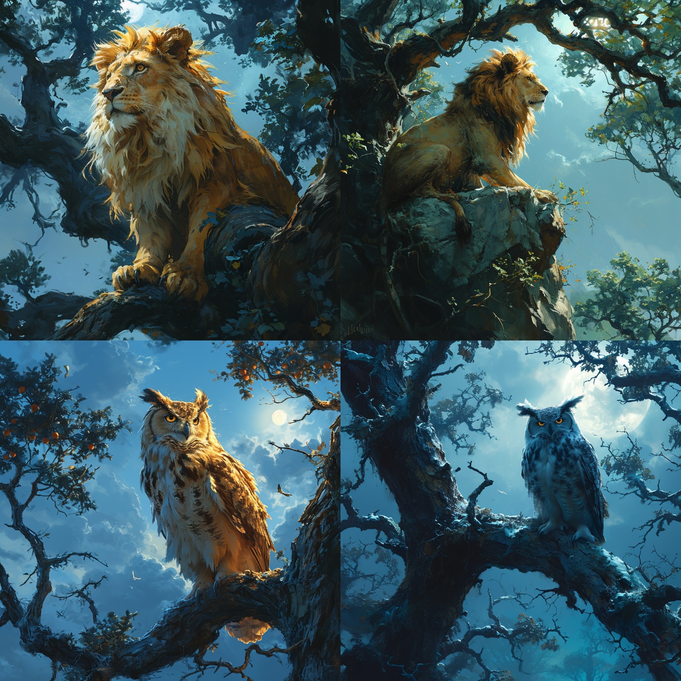 A collage of a lion and an owl sitting on a tree Description automatically generated