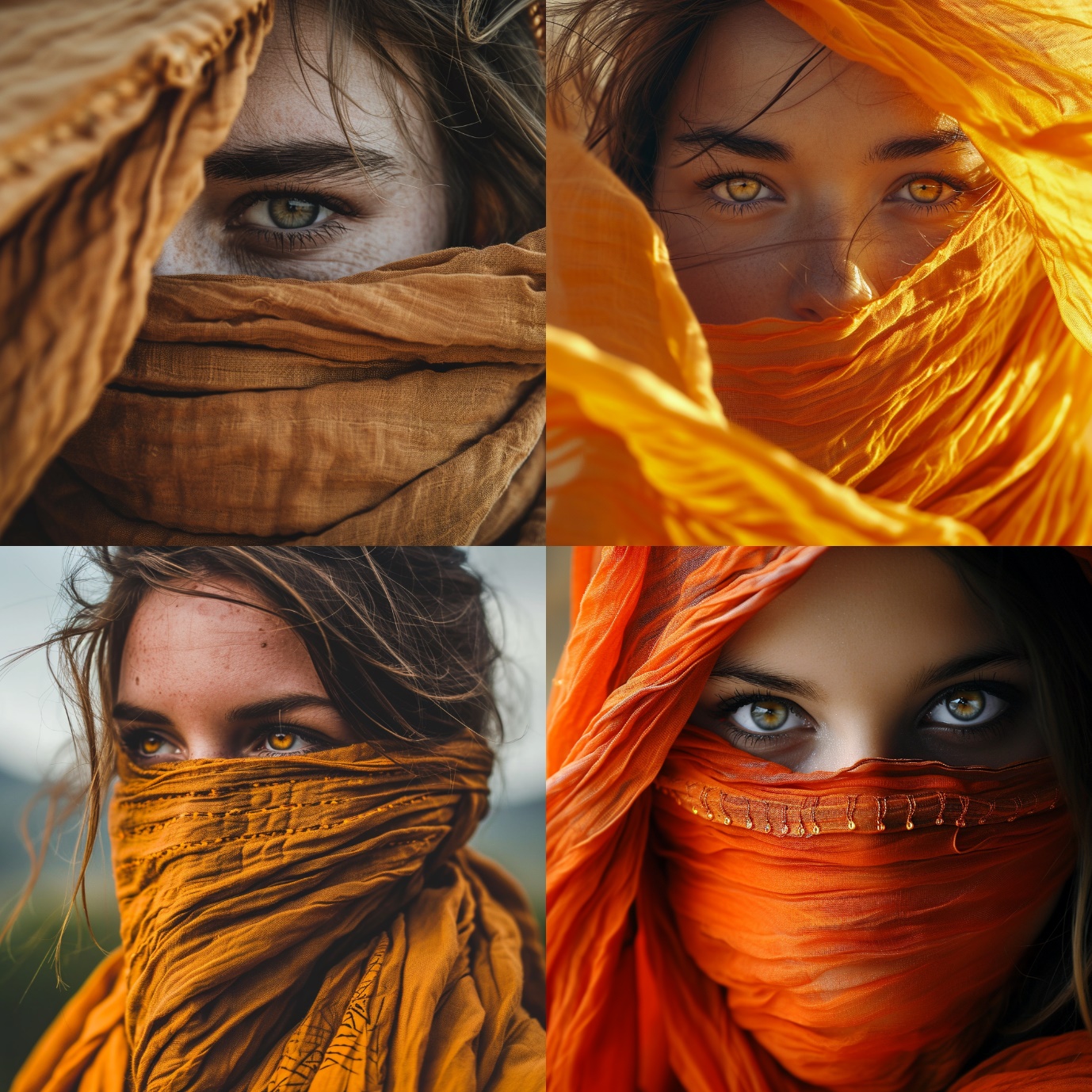 A collage of a person with orange scarves Description automatically generated