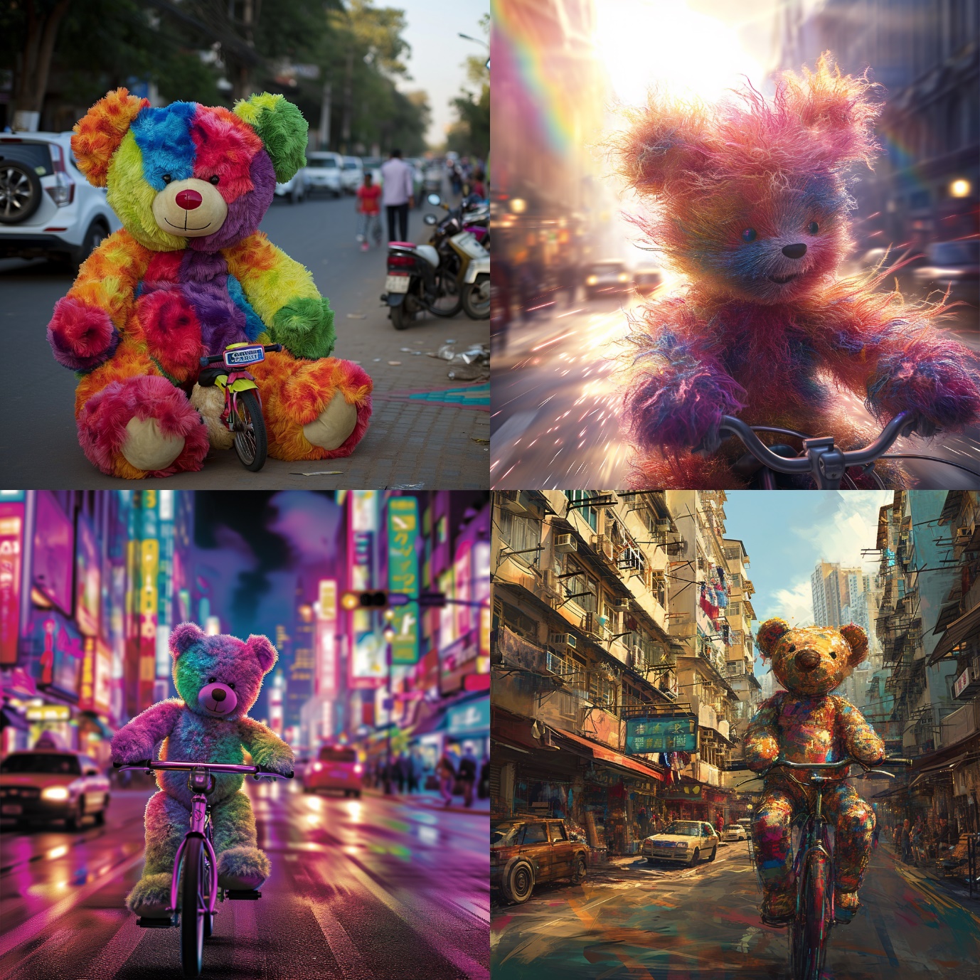 A collage of a teddy bear riding a bicycle Description automatically generated