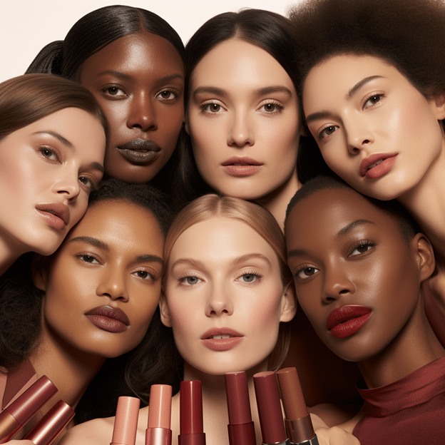 Diverse group of women showcasing a range of lipstick shades, symbolizing inclusivity in beauty