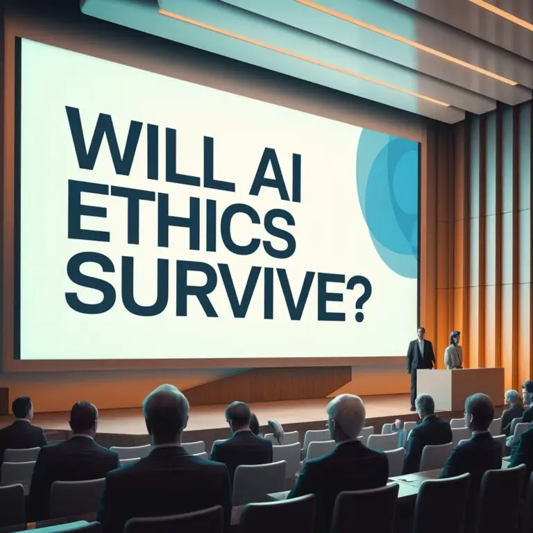 Conference attendees viewing a large screen that asks, 'Will AI Ethics Survive?' at a tech event