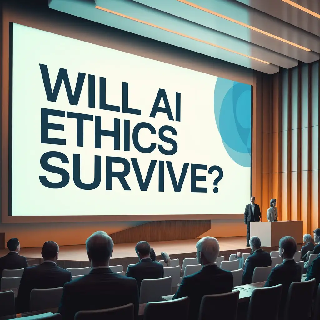 Conference attendees viewing a large screen that asks, 'Will AI Ethics Survive?' at a tech event