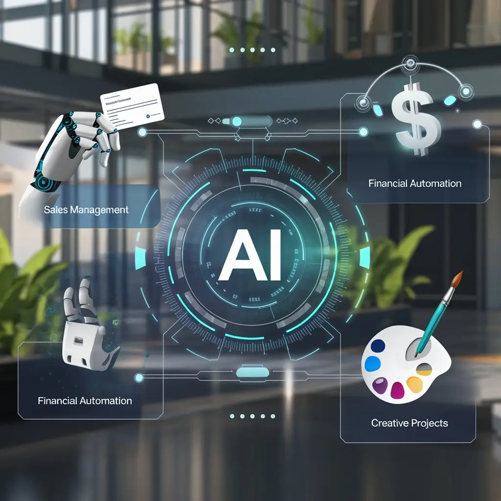A futuristic graphic showcasing various AI tools and their application across industries