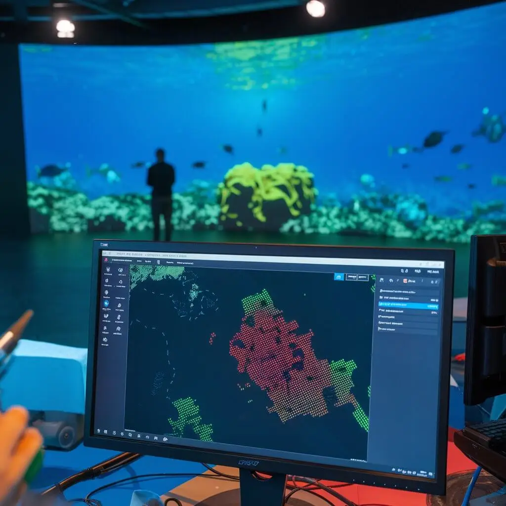 AI system analyzing marine ecosystems with visual data on a monito