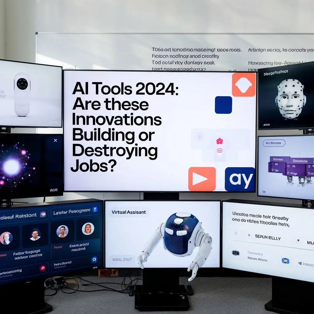 A room with multiple AI tools displayed on screens, showcasing various innovations in AI for virtual assistants, video creation, and business applications. A large central screen reads "AI Tools 2024: Are these Innovations Building or Destroying Jobs?"