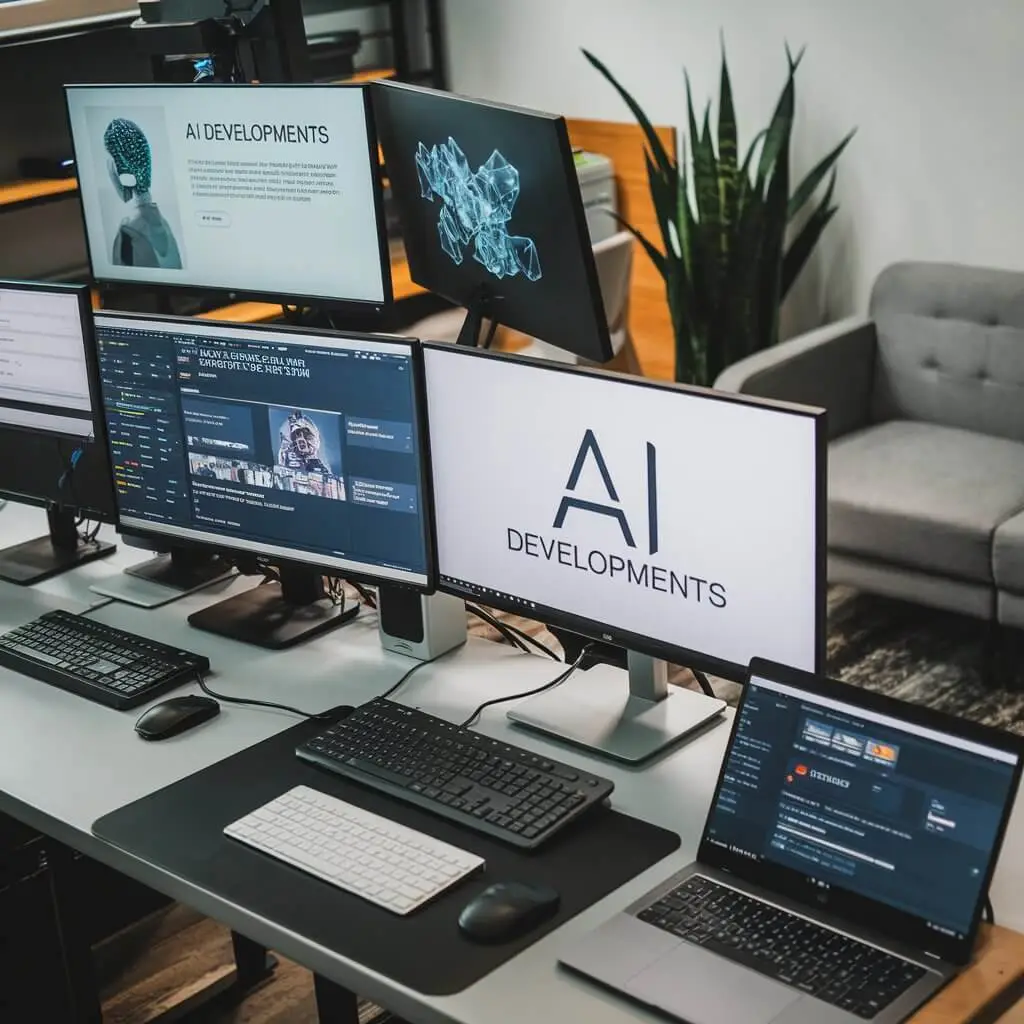 AI developments displayed on multiple monitors in a modern workspace