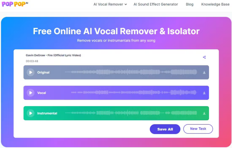 Poppop AI vocal isolator tool interface showcasing vocal and instrumental separation